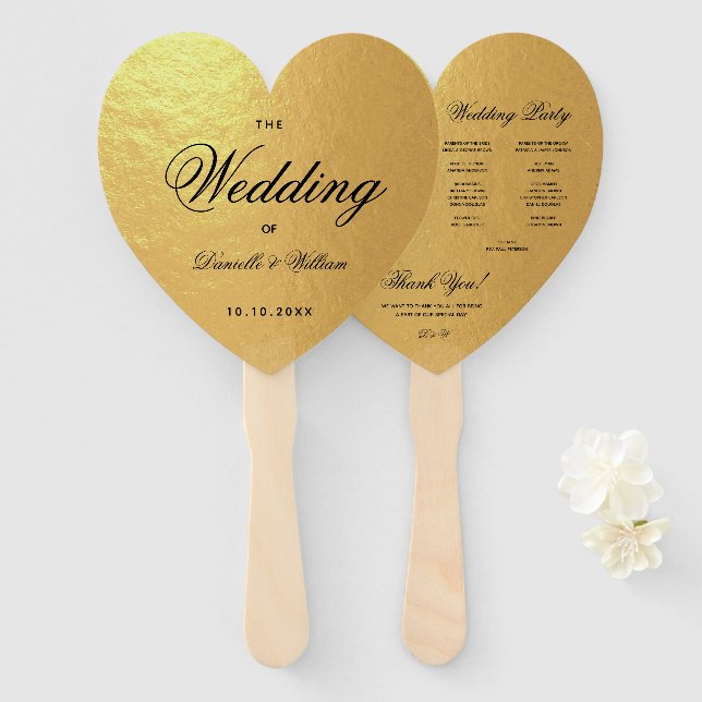 Imitate Gold Foil Heart Wedding Program Black Scri Fächer (Vorne und Hinten)