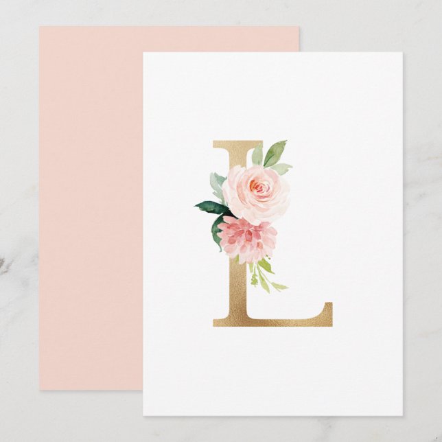 Imitate Gold Foil Letter L Blush Floral Monogramm Einladung (Vorne/Hinten)