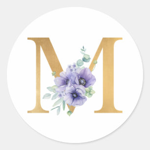 Imitate Gold Foil Letter M Violet Floral Monogramm Runder Aufkleber
