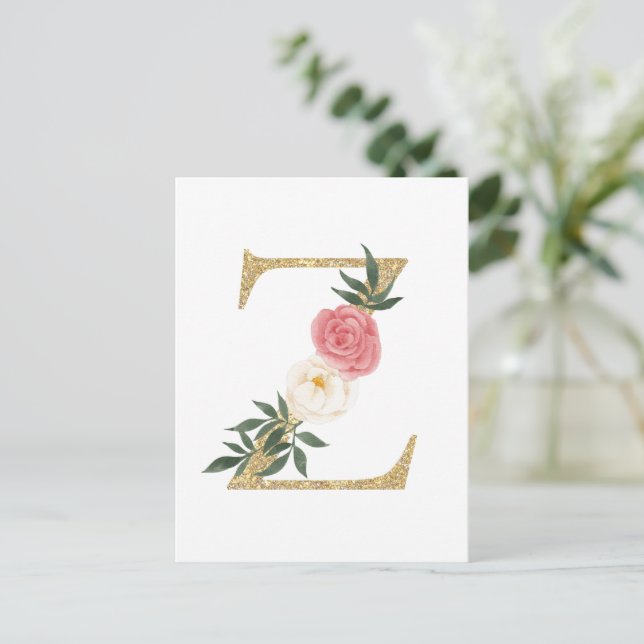 Imitate Gold Foil Letter Z Blush Floral Monogramm Postkarte (Stehend Vorderseite)
