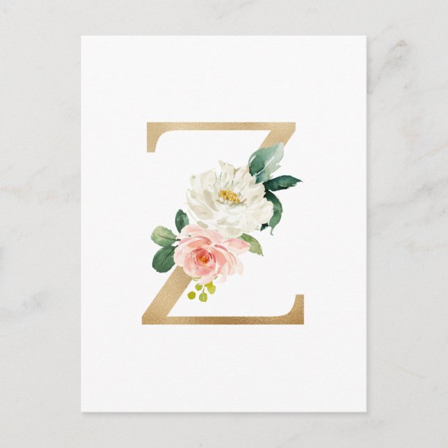 Imitate Gold Foil Letter Z Blush Floral Monogramm Postkarte (Vorderseite)