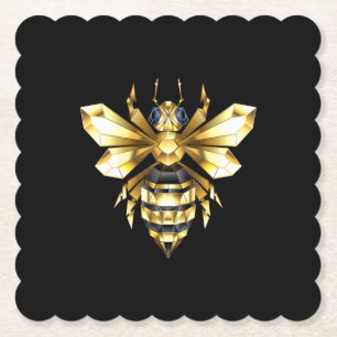 Imitate Gold Foil Logo Bee Polygonal auf Schwarz Untersetzer