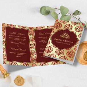 Imitate Gold Foil Maroon Red Damask Muslime Hochze Einladung