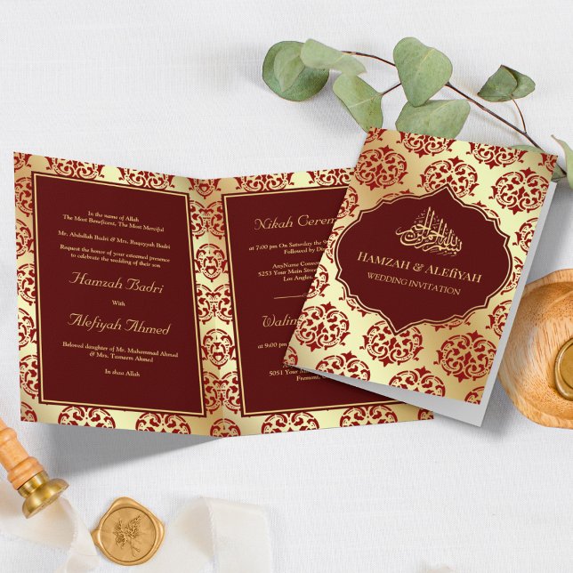 Imitate Gold Foil Maroon Red Damask Muslime Hochze Einladung (Von Creator hochgeladen)