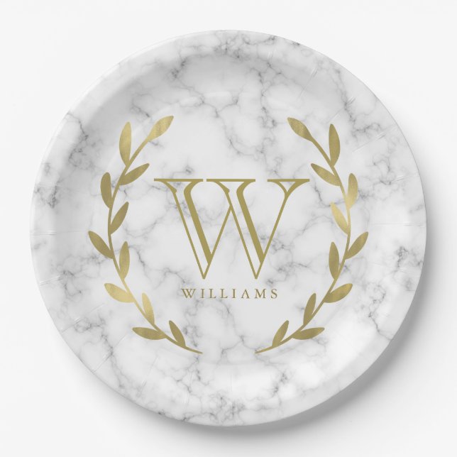 Imitate Gold Foil Monogram auf Marmortextur Pappteller (Vorderseite)