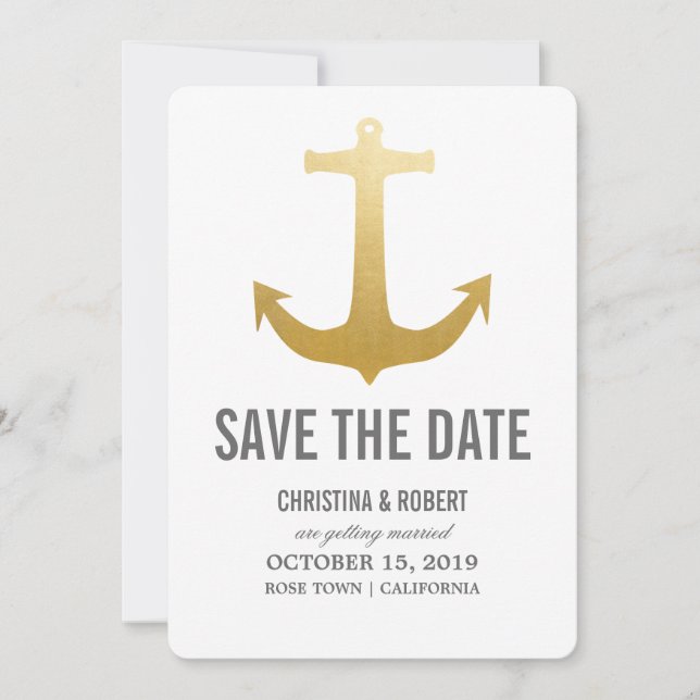 Imitate Gold Foil Nautical Anchor Save the Date Einladung (Vorderseite)