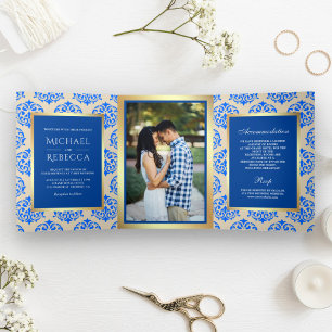 Imitate Gold Foil Royal Blue Damask Hochzeitsfest  Dreifach Gefaltete Einladung