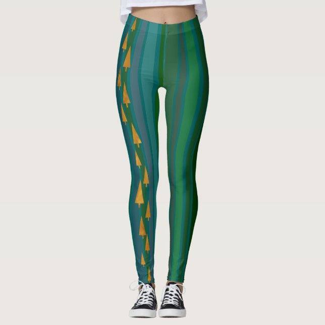 Imitate Gold Foil Weihnachtsbäume mit grünen Strei Leggings (Vorderseite)
