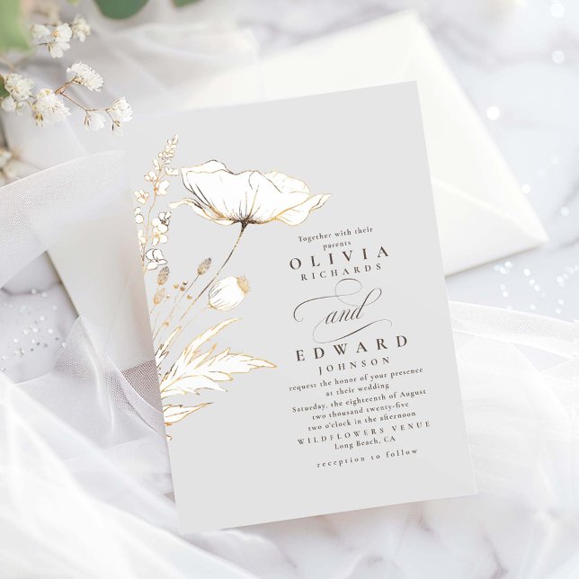 Imitate Gold Foil Wildblumen Leichte graue Hochzei Einladung (Wildflowers Elegant Wedding Invitation)