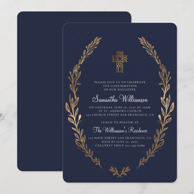 Imitate Gold Foliage Blue Confirmation Einladung (Vorne/Hinten)