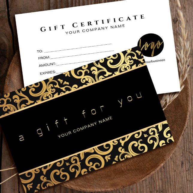 Imitate Gold Frame Glitzern Schwarzes Geschenkzert (Faux Gold Frame Sparkles On Black gift certificate #zazzlefinds #goldframecertificate #goldgiftcard)