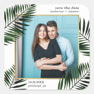 Imitate Gold Frame und Palm Foto Save the Date Quadratischer Aufkleber