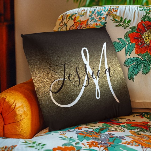 Imitate Gold Glitzer Black Ombre Monogram Kissen (Faux Gold Glitter Black Ombre Monogram Throw Pillow)