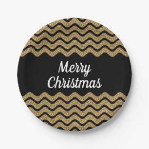 Imitate Gold Glitzer Black Strips Weihnachten Pappteller