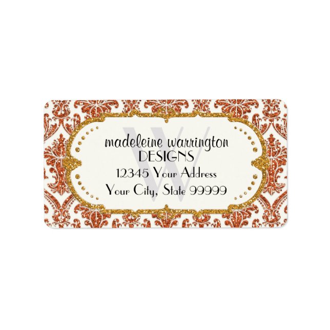 Imitate Gold Glitzer Damask Blumenmuster Business Adressaufkleber (Vorne)