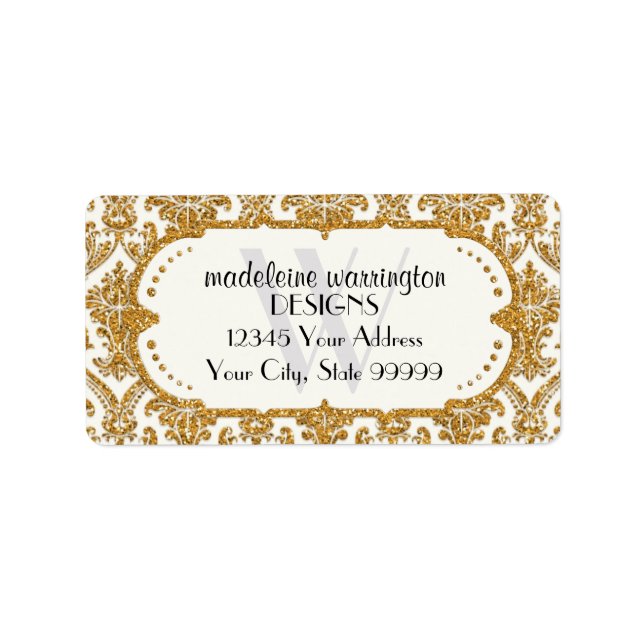 Imitate Gold Glitzer Damask Blumenmuster Business Adressaufkleber (Vorne)