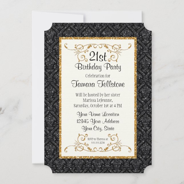 Imitate Gold Glitzer Damask Ticket Style Geburtsta Einladung (Vorderseite)