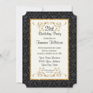 Imitate Gold Glitzer Damask Ticket Style Geburtsta Einladung