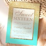 Imitate Gold Glitzer elegantes Aqua aquamarin Swee Einladung<br><div class="desc">Moderne,  hübsche und elegante Imitate Gold Glitzer Dusche ombre mit aquamarinen Ozean Farbe Block Sweet 16 Geburtstagsfeier Einladung mit goldenen ombre Muster verblassen auf einem aquamarinen Ozean Hintergrund mit elegantem goldenen Rahmen Perfect für eine Prinzessin 16 . Geburtstag,  perfekt für sie,  die modischen  Liebe modernen Musters und Glam</div>