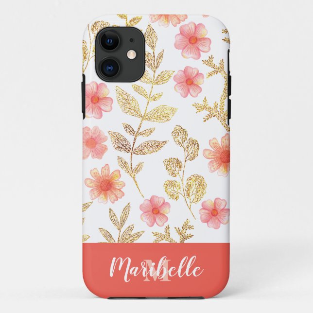 Imitate Gold Glitzer Floral Monogram Case-Mate iPhone Hülle (Rückseite)