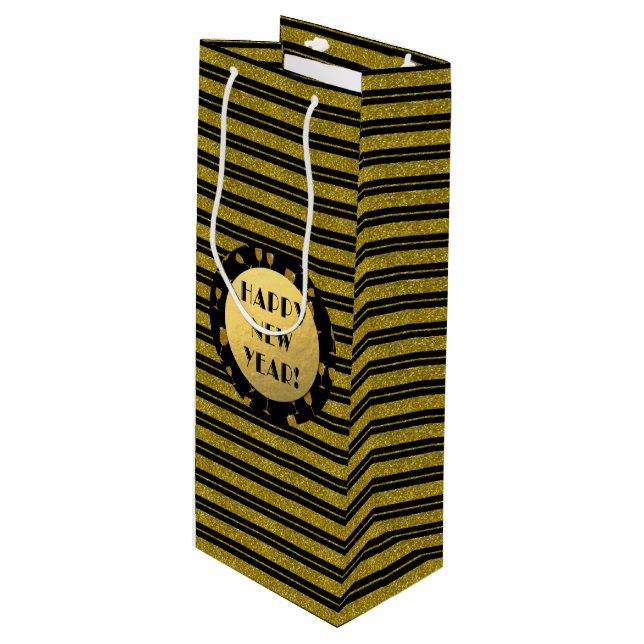 Imitate Gold Glitzer, glücklicher Neujahrswein, gl Geschenktüte Für Weinflaschen (Vorderseite Schrägansicht)