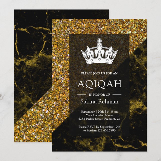Imitate Gold Glitzer Gold Marble Aqeeqah | Aqiqah Einladung (Vorne/Hinten)