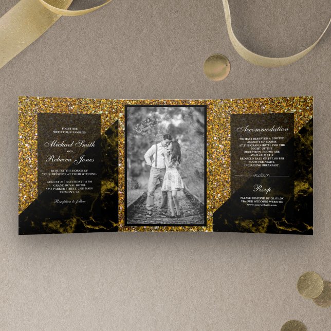 Imitate Gold Glitzer Gold Marble Wedding Foto Dreifach Gefaltete Einladung (Von Creator hochgeladen)