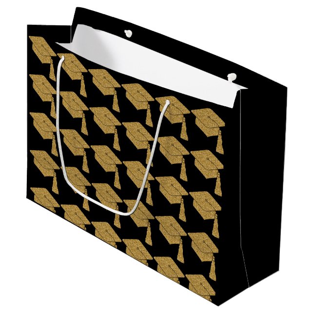 Imitate Gold Glitzer Grad Cap Abschluss Große Geschenktüte (Vorderseite Schrägansicht)