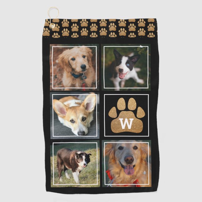 Imitate Gold Glitzer Hund Paw Pet Foto Collage Golfhandtuch (Vorderseite)