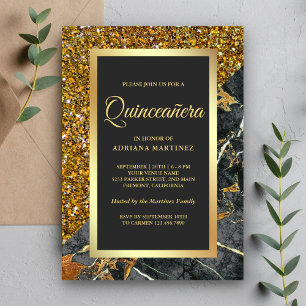 Imitate Gold Glitzer Kohle Grau Marmor Quinceanera Einladung