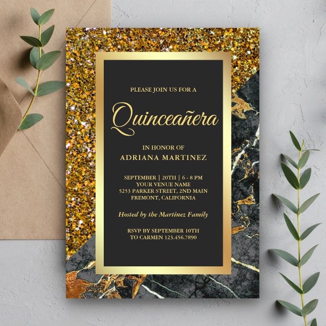 Imitate Gold Glitzer Kohle Grau Marmor Quinceanera Einladung (Von Creator hochgeladen)