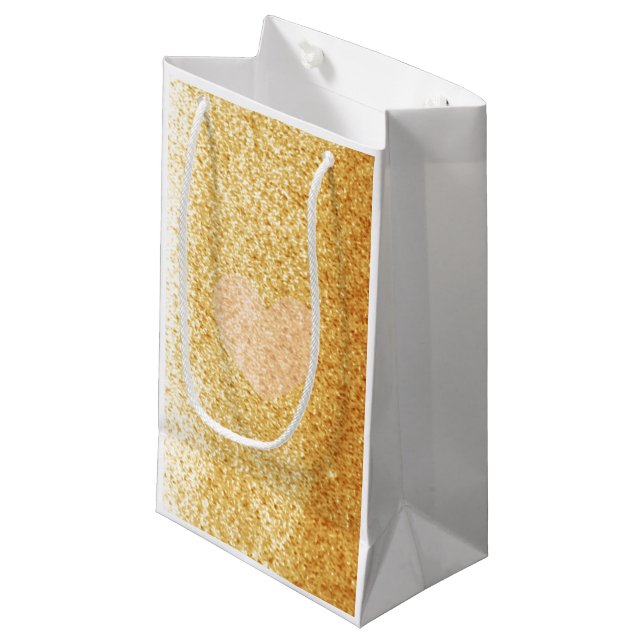 Imitate Gold Glitzer mit Herz Kleine Geschenktüte (Vorderseite Schrägansicht)