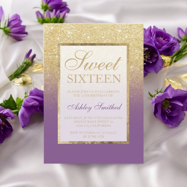 Imitate Gold Glitzer ombre lila Chic 16 . Geburtst Einladung (Faux gold glitter ombre purple chic Sweet sixteen Invitation)