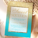 Imitate Gold Glitzer ombre Pfau Blau Süße 16 Einladung<br><div class="desc">Moderne,  hübsche und elegante Imitate Gold Glitzer Dusche ombre mit Pfauenblau Block Sweet 16 Geburtstagsfeier Einladung mit goldenen ombre Muster mit blau und elegant goldfarbenen Rahmen Perfekt für eine Prinzessin 16 . Geburtstag,  perfekt für sie,  die modischen Lieben moderne Muster und Glanz</div>