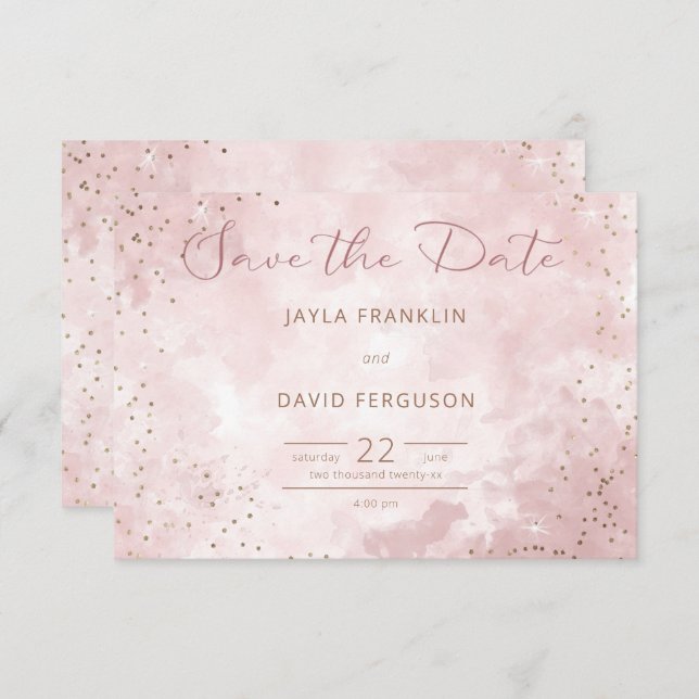 Imitate Gold Glitzer & Pink Moderne Hochzeit Save The Date (Vorne/Hinten)