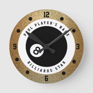 Imitate Gold Glitzer Pool Player Billard Runde Wanduhr