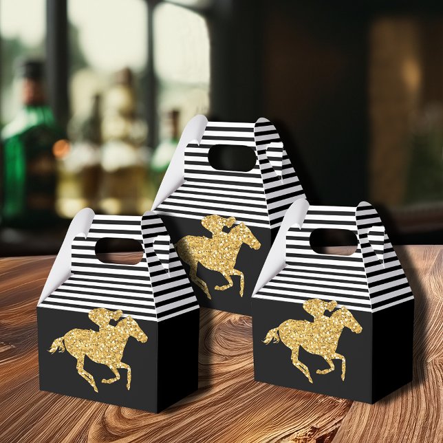 Imitate Gold Glitzer Race Pferd Schwarz-weiße Stre Geschenkschachtel (Gold racehorse Derby party favor boxes are 4"w x 2.5"l x 5"h, ship flat, simple assembly required.)