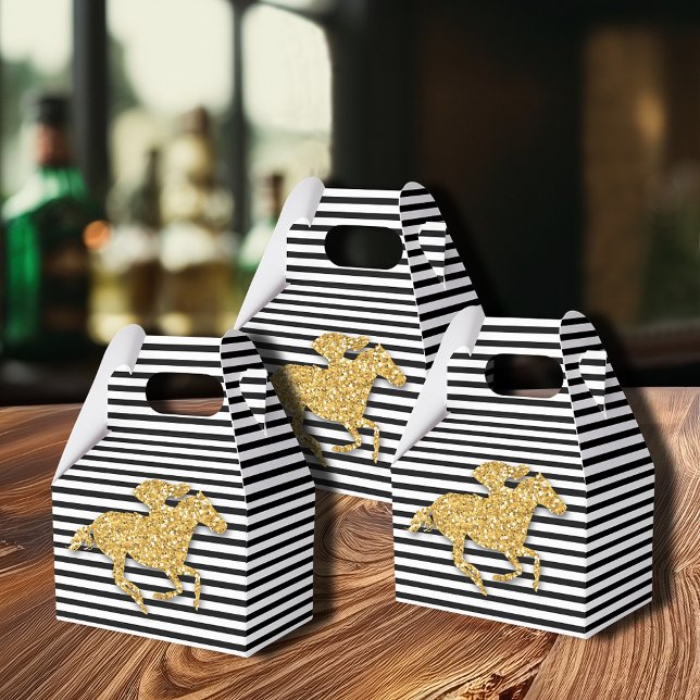Imitate Gold Glitzer Race Pferd Schwarz-weiße Stre Geschenkschachtel (Gold racehorse Derby party favor boxes are 4"w x 2.5"l x 5"h,  simple assembly required)
