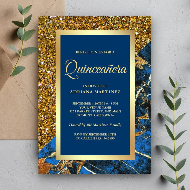 Imitate Gold Glitzer Royal Blue Marble Quinceanera Einladung (Von Creator hochgeladen)
