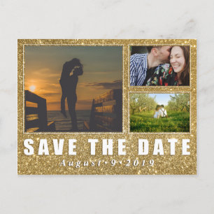 Imitate Gold Glitzer Save the Date 3 Foto Postkart Ankündigungspostkarte