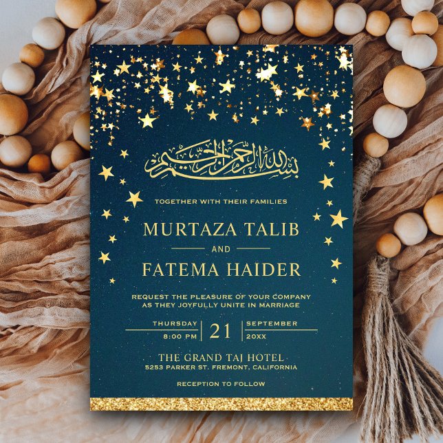 Imitate Gold Glitzer Stars Blaue muslimische Hochz Einladung (Von Creator hochgeladen)