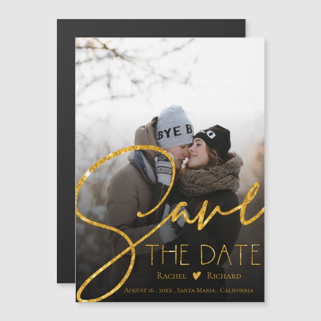 Imitate Gold Glitzer Wedding Foto Save the Date Magneteinladung (Vorne/Hinten)