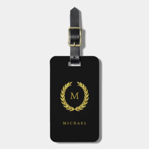 Imitate Gold Laurel Wreath mit Monogram auf Black Gepäckanhänger