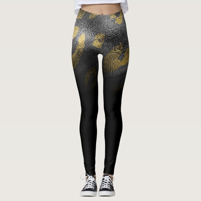 Imitate Gold Leopard Cheetah Print Shiny Black Chi Leggings (Vorderseite)