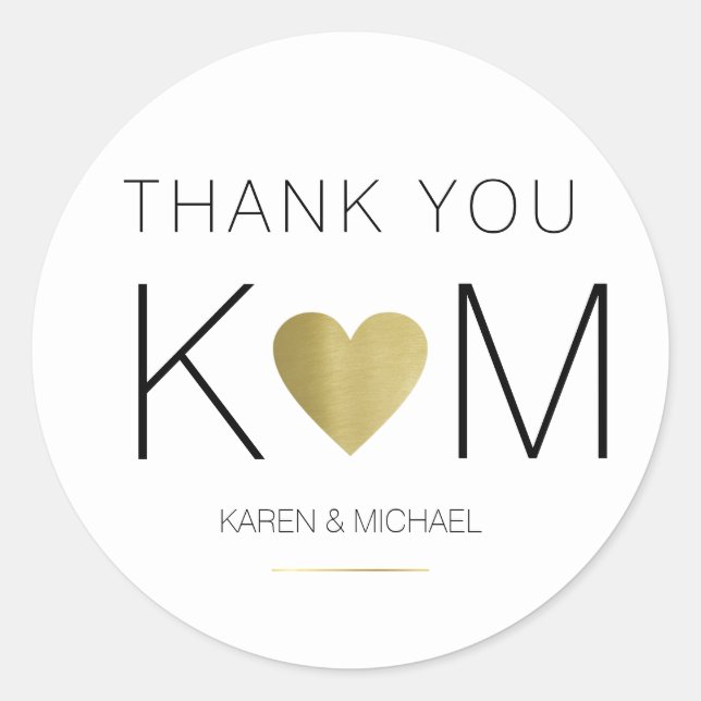 Imitate Gold Liebe Herz + Paar Initialen, danke Runder Aufkleber (Vorderseite)