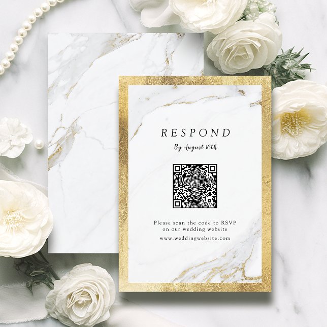 Imitate Gold Marmor Luxus moderne Hochzeit QR-Code RSVP Karte (Faux gold marble luxury modern wedding QR code RSVP Card)
