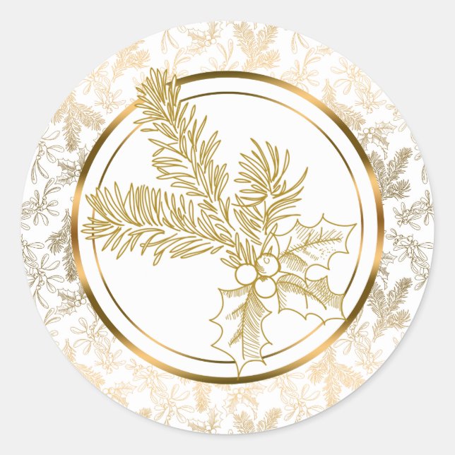 Imitate Gold Metallic Mistletoe und Holly Runder Aufkleber (Vorderseite)