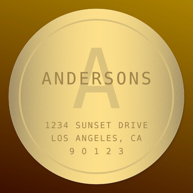Imitate Gold Name Monogram & Rücksendeadresse Runder Aufkleber (Von Creator hochgeladen)