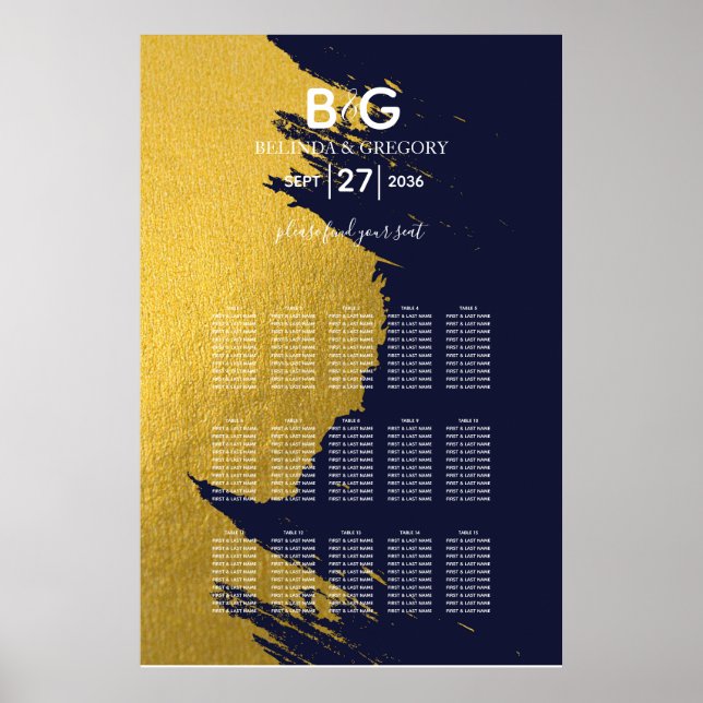 Imitate Gold Navy Blue Monogram Seating Chart Poster (Vorne)