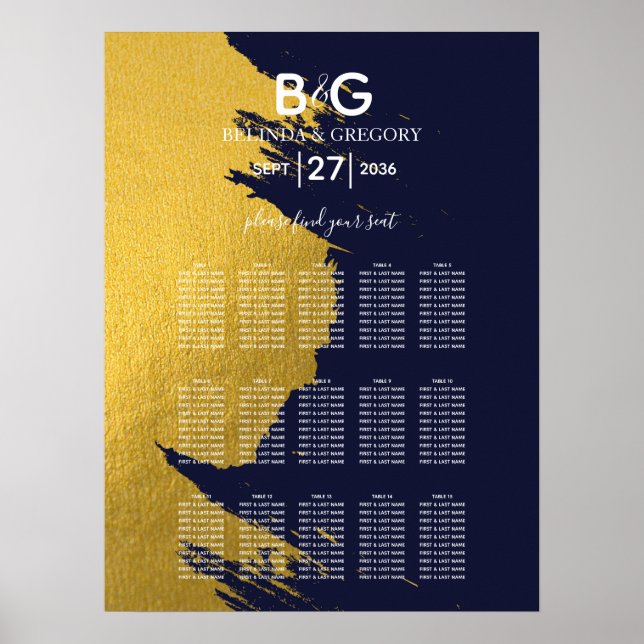 Imitate Gold Navy Blue Monogram Seating Chart Poster (Vorne)